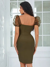 Load image into Gallery viewer, V Neck Puff Sleeves Front Zip Bandage Dress