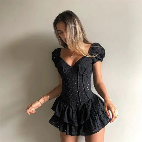 V Neck Ruffled Pleated Corset Dress