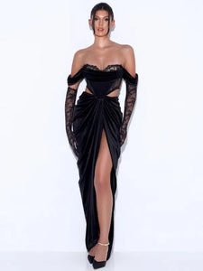 V-Neck Off Shoulder Drape Cutout Long Dress
