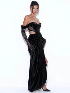 V-Neck Off Shoulder Drape Cutout Long Dress