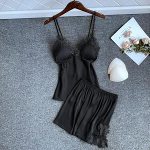 V-Neck Sleeveless Strap Top & Shorts Pajamas Set - Black