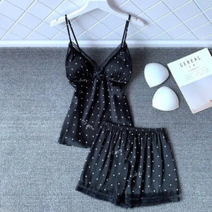 V-Neck Sleeveless Strap Top & Shorts Pajamas Set - Black