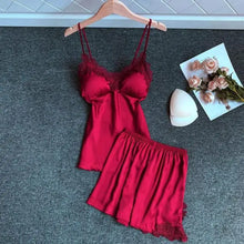 Load image into Gallery viewer, V-Neck Sleeveless Strap Top &amp; Shorts Pajamas Set - Burgundy