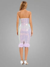 Load image into Gallery viewer, V Neck Strapless Sequins Feathers Midi Slim Dress