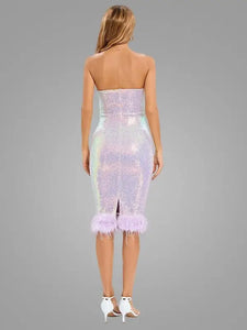 V Neck Strapless Sequins Feathers Midi Slim Dress