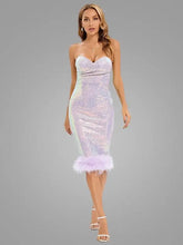 Load image into Gallery viewer, V Neck Strapless Sequins Feathers Midi Slim Dress