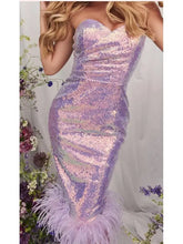 Load image into Gallery viewer, V Neck Strapless Sequins Feathers Midi Slim Dress