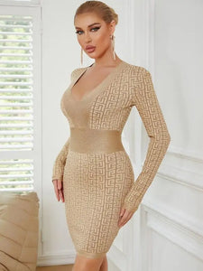 V Neck Striped Jacquard Mini Bandage Dress