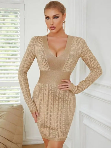 V Neck Striped Jacquard Mini Bandage Dress
