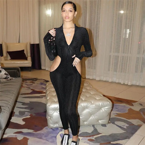 V-Neck Zipper Hollow High Waist Jumpsuit