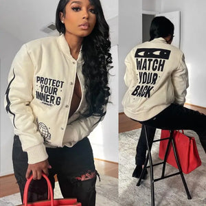 Varsity Baseball Cropped Cyber Y2K Jacket - L / Beige