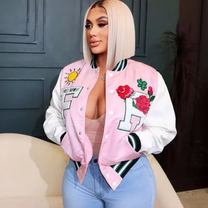 Varsity Baseball Cropped Y2k Jacket - S / Pink