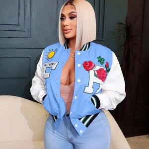 Varsity Baseball Cropped Y2k Jacket - S / Sky Blue