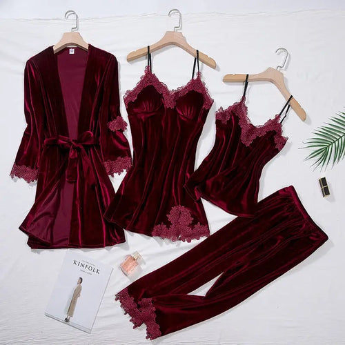 Velour 4PC Kimono Robe Nightgown Set