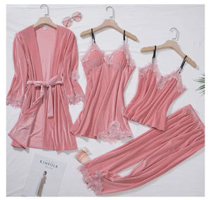 Velour 4PC Kimono Robe Nightgown Set - Dark Pink / XXL