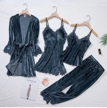 Load image into Gallery viewer, Velour 4PC Kimono Robe Nightgown Set - Gray Blue / M