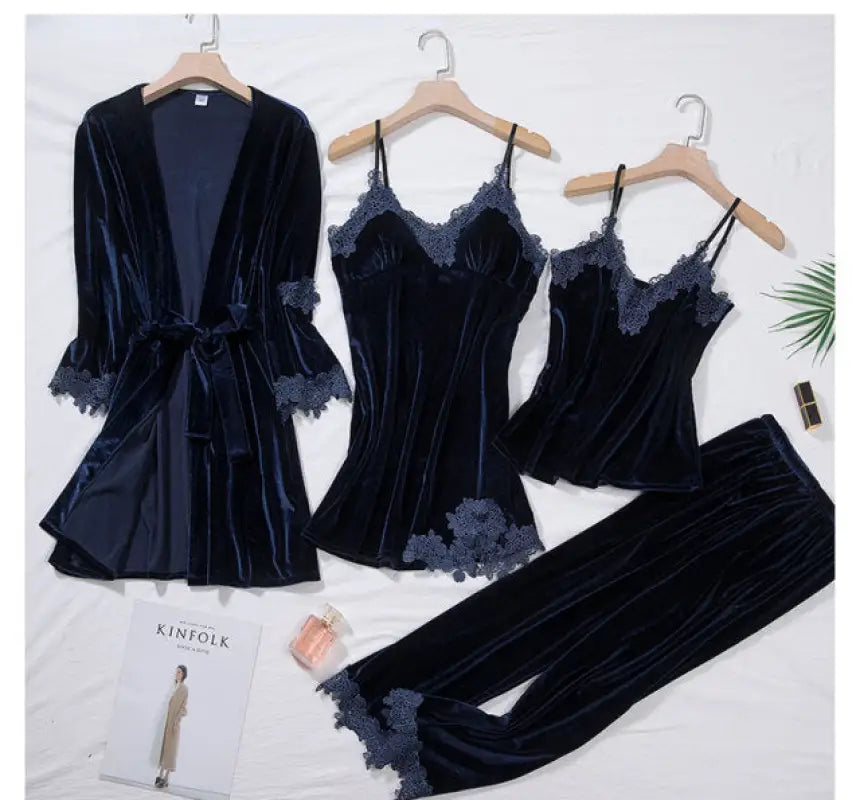 Velour 4PC Kimono Robe Nightgown Set - Navy Blue / XXL