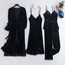 Load image into Gallery viewer, Velour 4PC Velvet Pajama Set - Navy Blue / L