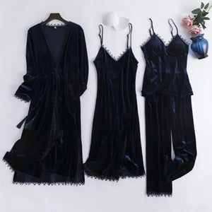 Velour 4PC Velvet Pajama Set - Navy Blue / L