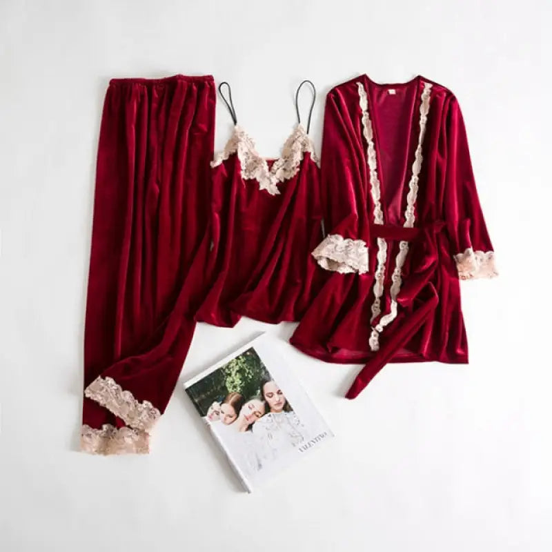Velour 4PC Warm Gown Velvet Pajama Set - Burgundy / L
