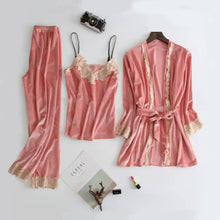 Load image into Gallery viewer, Velour 4PC Warm Gown Velvet Pajama Set - Dark Pink / XL