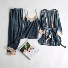 Load image into Gallery viewer, Velour 4PC Warm Gown Velvet Pajama Set - Gray Blue / XL
