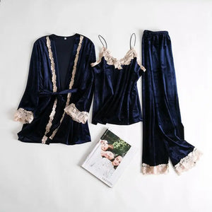 Velour 4PC Warm Gown Velvet Pajama Set - Navy Blue / XL