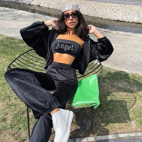 Velvet Diamonds Strapless Crop Top & Straight-Leg Trousers