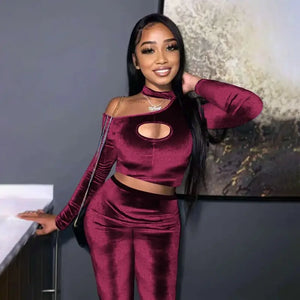 Velvet Hollow Cut Out Sexy 2 Piece Set