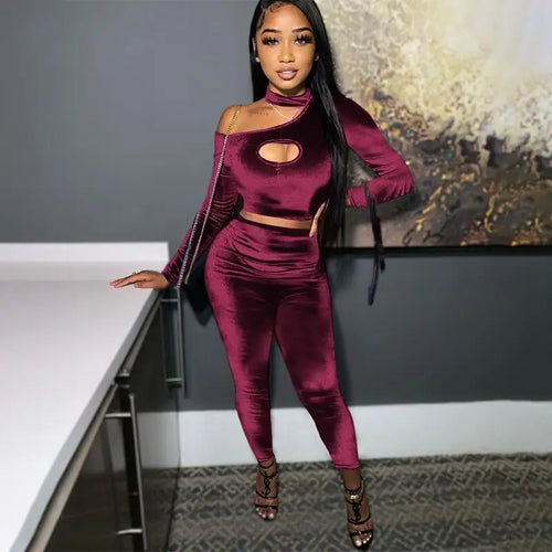 Velvet Hollow Cut Out Sexy 2 Piece Set