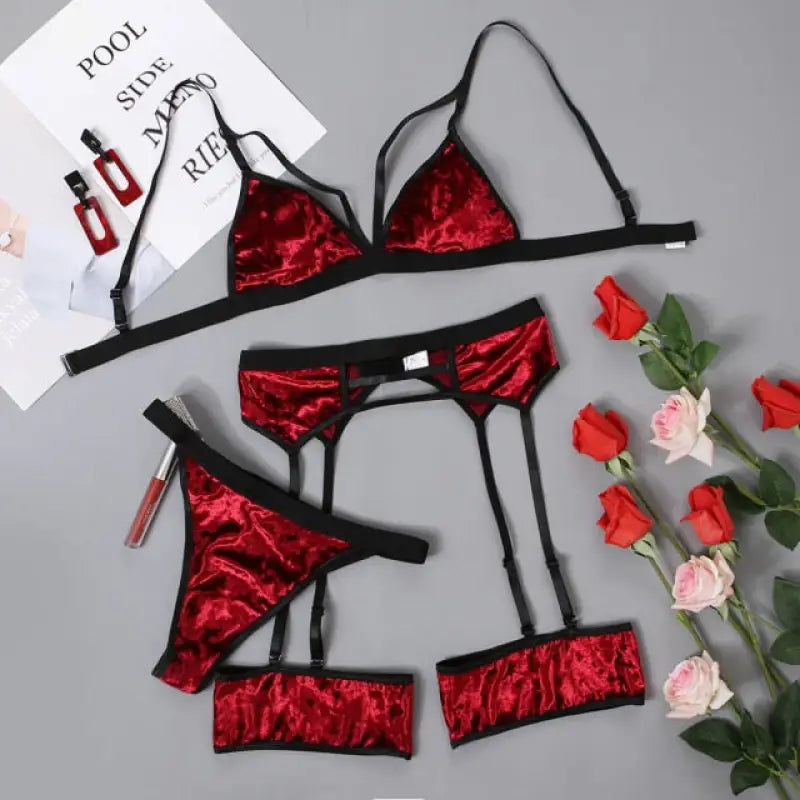 Velvet Lace Hollow Out Lingerie Set - Red / S