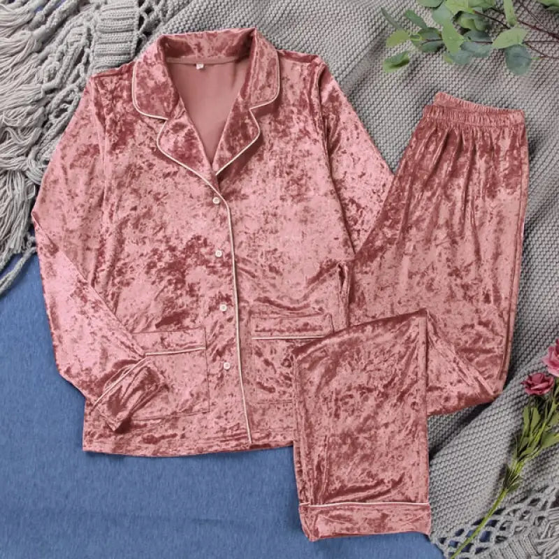 Velvet Long Sleeve Double Pockets Lounge Wear Set - Brown