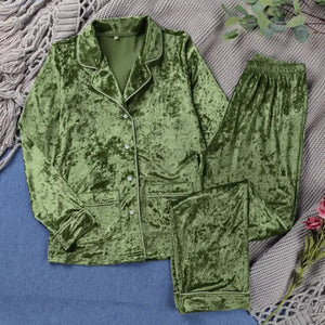 Velvet Long Sleeve Double Pockets Lounge Wear Set - Green