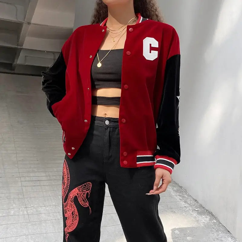 Velvet Patchwork Embroidery Baseball Jacket - Red / M