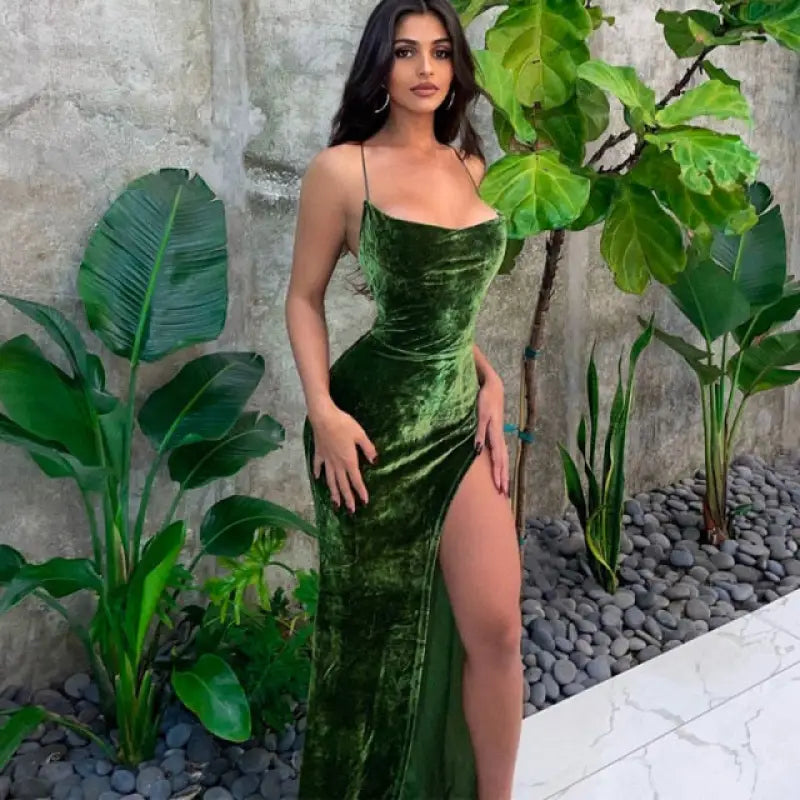 Velvet Sexy Backless Bandage Green Slip Dress - green / M