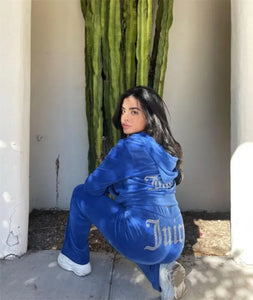 Velvet Sports Fleece Two Piece Tracksuit Set - Peacock Blue