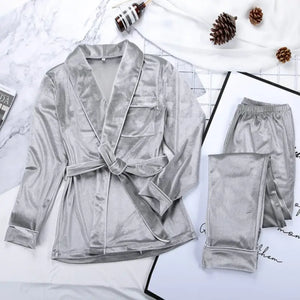 Velvet Warm Long Sleeve Thick Sleepwear Set - Gray / S
