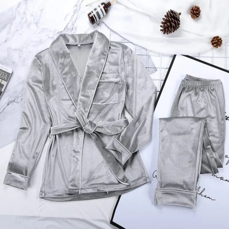Velvet Warm Long Sleeve Thick Sleepwear Set - Gray / S