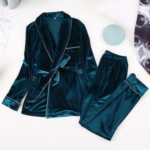 Velvet Warm Long Sleeve Thick Sleepwear Set - Green / S
