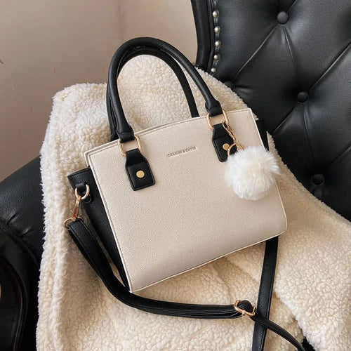 Vintage Contrast Fur ball design PU Leather Crossbody Bag