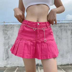 Vintage Punk Denim Mini Skirt - Rose Red / M