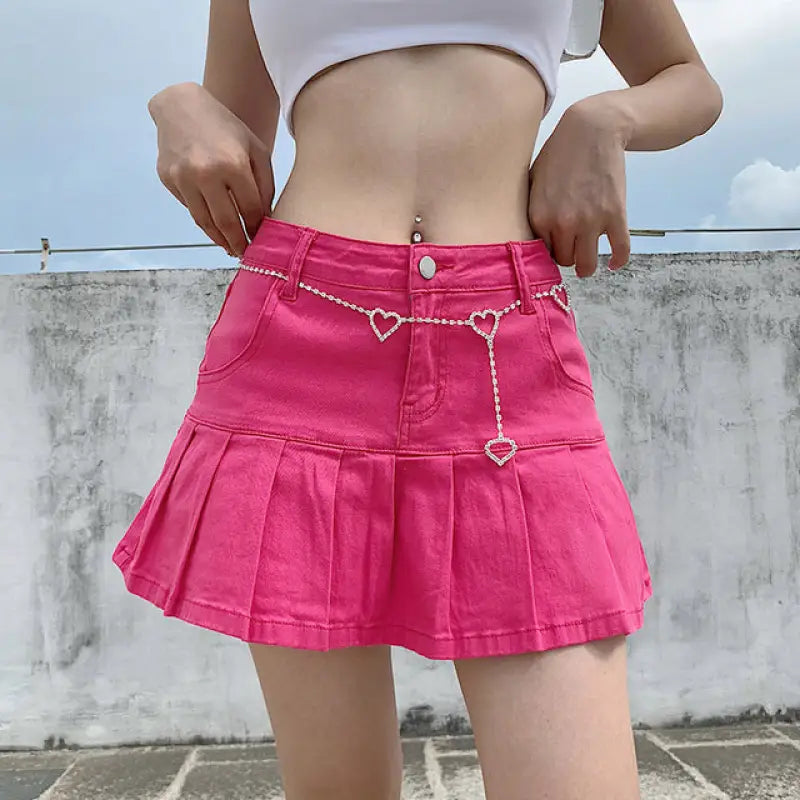 Vintage Punk Denim Mini Skirt - Rose Red / M