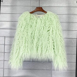 Warm Knitting Shaggy Cardigan Faux Fur Coat - Light Green