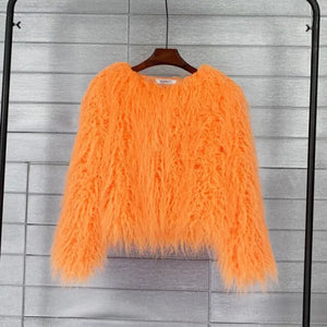 Warm Knitting Shaggy Cardigan Faux Fur Coat - Orange / XXXL