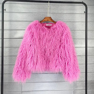 Warm Knitting Shaggy Cardigan Faux Fur Coat - Pink / XXXL