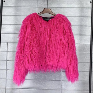 Warm Knitting Shaggy Cardigan Faux Fur Coat - Rose / XXXL