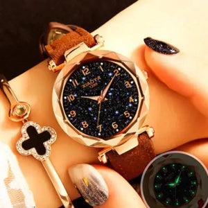 Stars & Sky Dial Clock Luxury Rose Gold Quartz Wrist Watch -