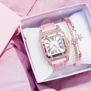 Starry Square Dial Bracelet & Watch Set - Pink With Barcelet