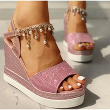 Load image into Gallery viewer, Wedge Bead Studded Detail Platform Sandals