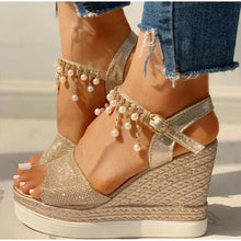 Load image into Gallery viewer, Wedge Bead Studded Detail Platform Sandals - Gold / 38